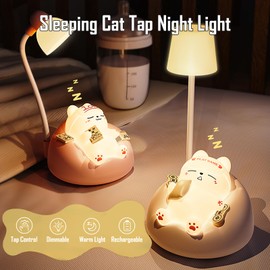 kvppvt Cute Sleeping Cat Night Light, Tap Control 3 Brightness Levels, Warm Light, Rechargeable Toddler Sleeping Lamp, Small Bedroom Night Lamp, Gift for Girl and Kid (Blue)