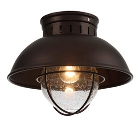Farmhouse Flush Mount Ceiling Light Fixture,Oil Rubbed Bronze,Metal Cage Seeded Glass,CE101M
