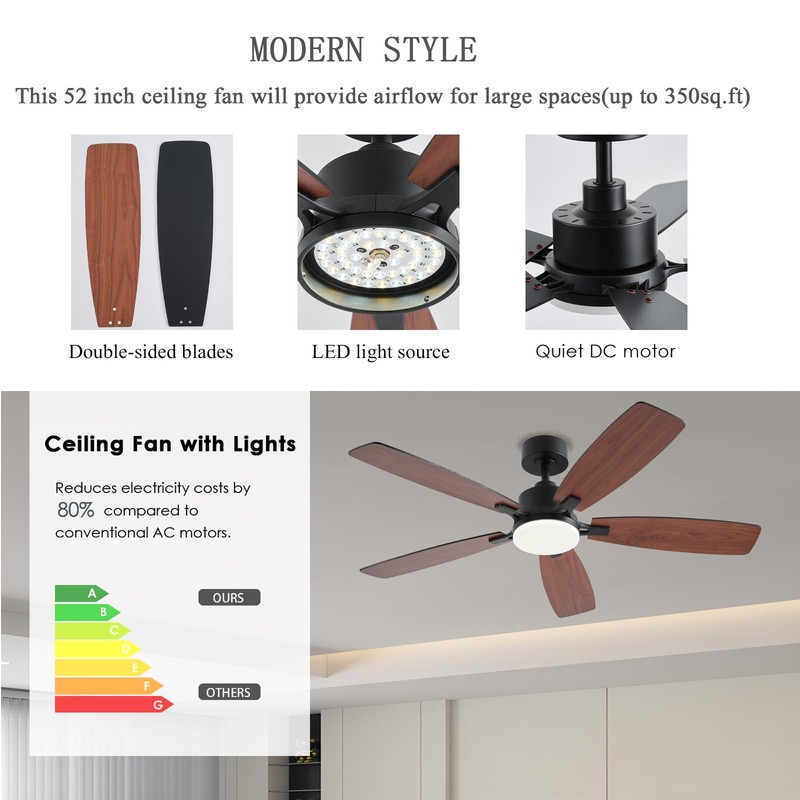 NKPU 52inch Ceiling Fans with Lights, Low Profile Ceiling Fan