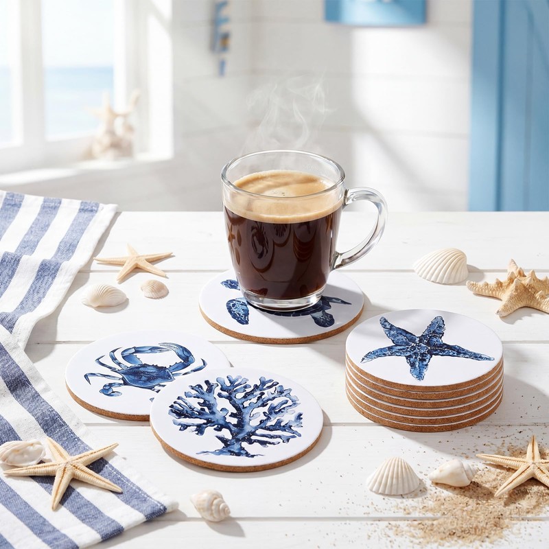 Yetene 8 Pcs Coastal Ceramic Coasters, Cork Base Ocean Housewarming