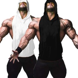 ZUEVI Men's 2 Pack Muscle Sleeveless Hoodies Tank Tops Gym Workout Hooded Bodybuilding Stringer T Shirt (White&Black-L)