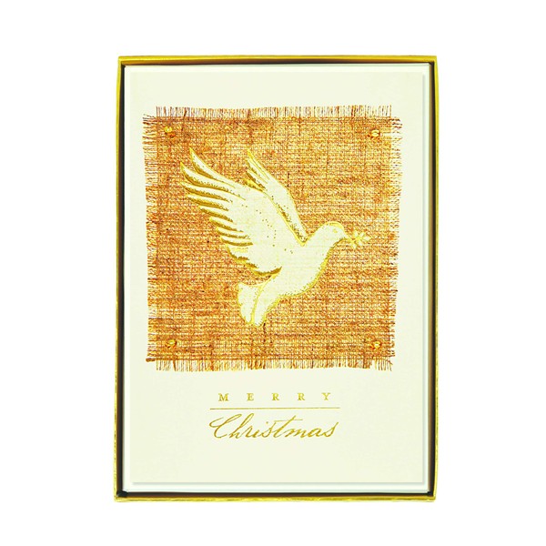 Graphique Gold Dove on Burlap Holiday Cards | Pack of 15 Cards with Envelopes | Christmas Greetings | Gold Foil | Boxed Set | 4.75" x 6.625"