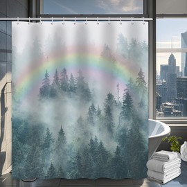 Yieldeer Rainbow Forest Shower Curtain, Nature Shower Curtains for Bathroom, Rustic Woodland Pine Tree Landscape Bathtub Curtain Men Bath Decor, Waterproof Polyester Fabric with Hooks, 60x72 inch
