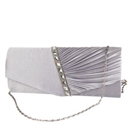 ele ELEOPTION Womens Pleated Satin Diamante Ladies Envelope Handbag Wedding Bridal Prom Handbag Clutch Bag Evening Party Purse Chain Bag (Silver)
