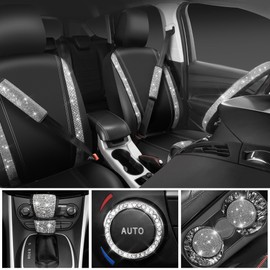 CAR PASS Diamond Bling Leather Seat Covers Set - 12 pcs Glitter Rhinestone Steering Wheel and Car Interior Accessory Set for Women - Silver