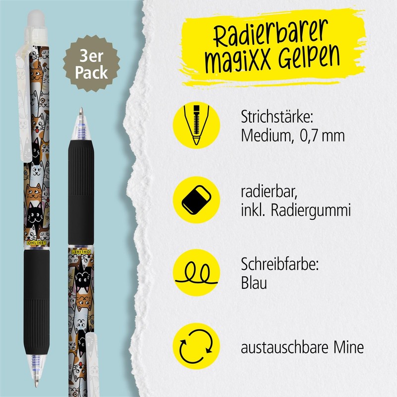 Online magiXX, 3 x Cat Erasable Gel Pens, Blue Erasable