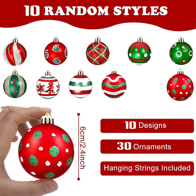 Set of 30 Christmas Baubles Plastic Red White Christmas Tree