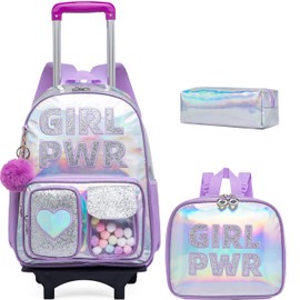Inprof Girls Backpack with Wheels,Cute School Rolling Backpacks for Kids Travel Roller Schoolbags Set Carry on Luaggage,Purple