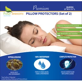 Four Seasons Essentials Queen Size Waterproof Pillow Protectors (Set of 2) – Zippered Hypoallergenic Pillowcase Cover Dust Proof Encasement
