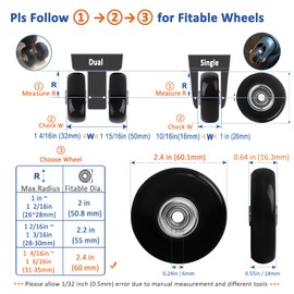 Luggage Wheel Replacement Kit, 8 Pieces, 60mm (2.4 Inch) Diameter, 0.64Inch Total Width Bearing Wheel,14mm Thick PU Rubber, Full Set Hardware
