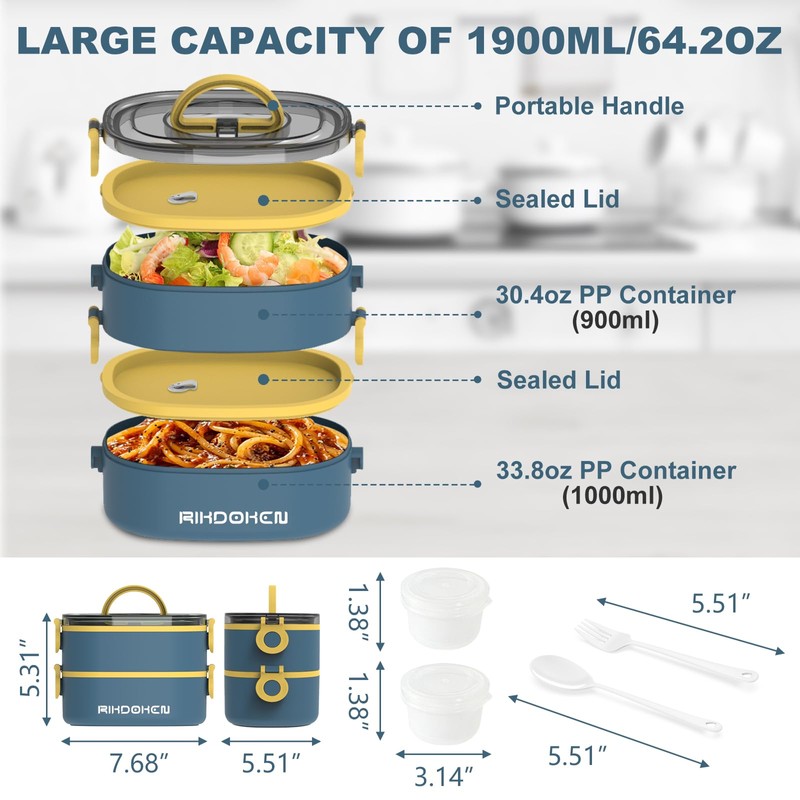 RIKDOKEN Lunch Box, Stackable 2 Layers Containers, Portable 64OZ Large