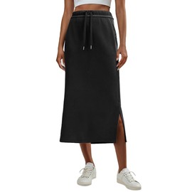Lepunuo Casual Sweat Skirts Womens High Waist Summer Drawstring Slit Skirts with Pockets A - Black