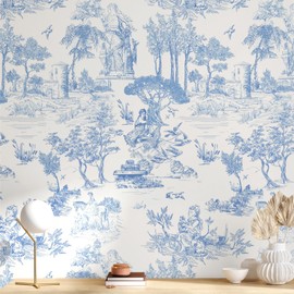 WENMER Toile Wallpaper, 17.7" X 118" Blue and White Peel and Stick Wallpaper, Toile de Jouy Wallpaper, French Vintage Contact Paper for Bedroom, Walls, Backdrop, Cabinet, Home Decor