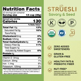 Struesli Savory & Seed Organic Granola, Nut, Grain & Gluten Free, Healthy Snacks with Pumpkin, Sunflower & Chia Seeds, Hemp Hearts, Flax, Tiger Nuts & Sea Salt, Plant Based, Keto & Paleo, 32 Oz