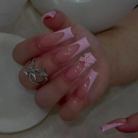 24Pcs Pink French Tip Press on Nails Long Coffin Nails Nude Fake Nails with Designs Bow False Nails Full Cover French Acrylic Nails Bows Stick on Nails for Women Manicure Nail Decoration