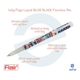 Flair Inky Flags BLACK BLUE Fountain Pen Set Steel Nib Iridium Tip Cartridges (WHITE Body Shade)