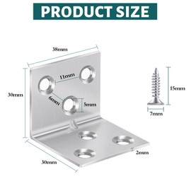 Yeepeo Angle Connectors 30 x 30 x 38 mm, Stainless Steel Angle Metal Angle 90 Degree L Shape Furniture Angle Stainless Steel Angle Hole Angle with 60 Screw for Wood Furniture Wall Table Chair Pack of