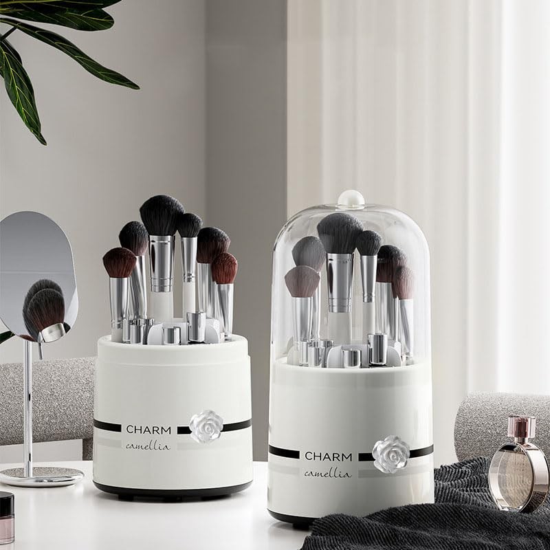 Hosoncovy Clear Makeup Brushes Holder Rotating Organiser with Lid Dustproof