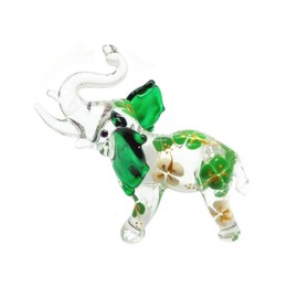 Handmade Mini 2" Green Lucky Elephant Figures Blown Glass Art with Flower/Fantasy Collectible Figurines/Miniature Wild Animals/Ornament Cool Stuff Decor No.7