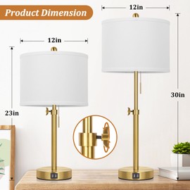 Table Lamp Set of 2, Bedside Lamp with 2 USB Ports, Gold Tall Table Lamp for Living Room End Tables, 23" to 30" Height Adjustable Table Lamp for Bedroom, Farmhouse Table Lamps with Pull Chain, E26