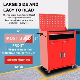 Tool Box Organization Magnetic Labels,Tool Chest Organizer Labels with Strong Magnets,Easy to Read Printing - Fits All Brands of Steel Tool Box Drawers,Red-(72 Pcs, 4 x 1 Inches)