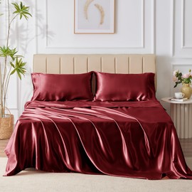CozyLux Satin Sheets King Size - 4 Piece Burgundy Bed Sheet Set with Silky Microfiber, 1 Deep Pocket Fitted Sheet, 1 Flat Sheet, and 2 Pillowcases - Smooth and Soft