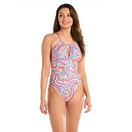 La Blanca Women's High Neck Keyhole One Piece Swimsuit, Multi//Pebble Beach, 4