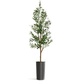Artificial Tree in Black and White Striped Planter, Fake Olive Silk Tree for Indoor and Outdoor Home Decoration - 68" Overall Tall (Plant Pot Plus Tree)