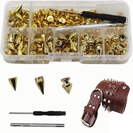 100pcs Jacket Cone Spikes Punk Studs + Hole Punch + Screwdriver, Quarter Inch 7mm Diameter Golden Punk Screw Cone Spike for Clothing, DIY, Leather, Crafts