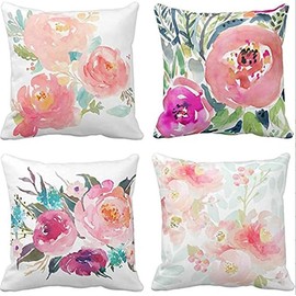 BAOKU Peonies Pink Flower Cushion Covers 45 x 45 cm Summer Watercolor Modern Decorative Throw Pillow Covers Soft Pillowcases for Sofa Bed Home Garden Patio Decor Set of 4