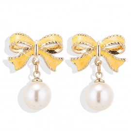 Bow Earrings for Women Trendy Gold Pearl Drop Dangle Earrings Bowknot Stud Wedding Party Daily Jewelry Accessory Gifts (Yellow Earring)