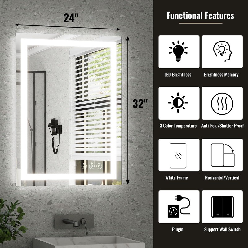 Easly 24x32 Inch LED Bathroom Mirror with Anti-Fog & Memory