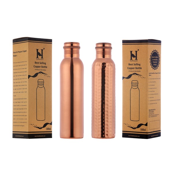 HealthGoodsIn - Set of 2 Pure Copper Water Bottles 950 ML | Set of Handmade, Joint-Free Copper Water Bottles | Copper Hammered and Plain Water Bottle Set | Leak-Proof Ayurvedic Copper Water Bottle