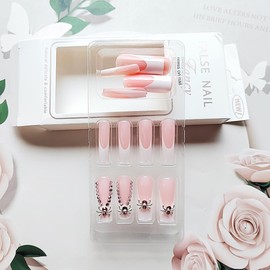 French Tip Press on Nails Long Pink Diamond Silver Spider Glue on Fake Nails Long Square Acrylic Nails Glossy Pink White False Nail Tips Full Cover Finger Decorations Artificial Nails for Women 24Pcs