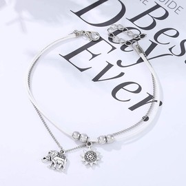 Handcess Boho Double Row Anklet Silver Elephant Ankle Bracelet Braided Sunflower Anklet Jewelry for Women and Girls