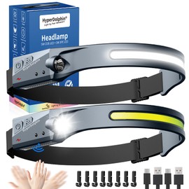 Headlamp Rechargeable (2-Pack, Gray), 230° Headband Light Forehead, USB Head lamp Band, 350 Lumen Super Bright, 5 Modes