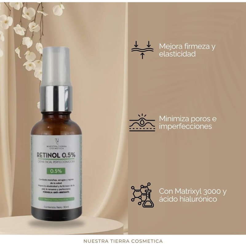 Nuestra Tierra Cosmética Retinol 0.5% Crema Facial Perfeccionadora, Fórmula Anti-Irritante,