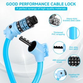 Monotre Bike Lock, 3.9 Feet 4-Digit Resettable Combination Password Anti-Theft Cable Lock. Cute Coiled Bike Lock with Mounting Bracket. Suitable for Bicycles, Electric Scooters, Ebikes (Blue-10mm)