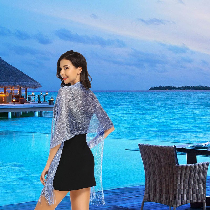 vimate Evening Shawl Wrap, Womens Solid Light Blue Shimmering Evening
