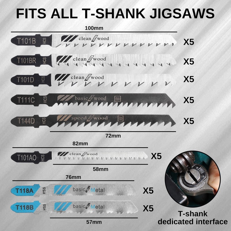 WOODSTARTER T-Shank Multi-Purpose Jigsaw Blades Set with Storage Case, Made