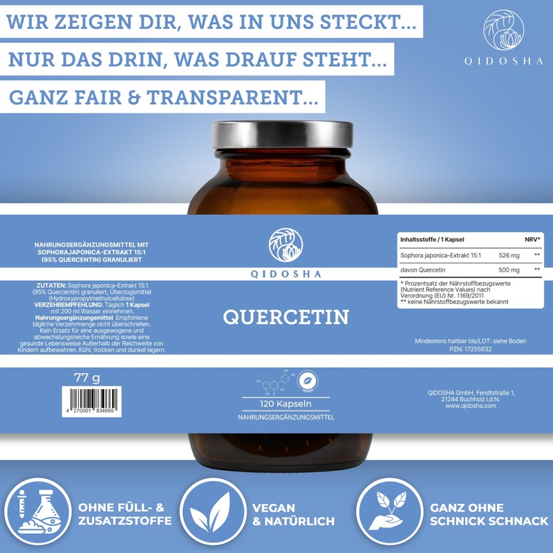 QIDOSHA® Quercetin Capsules High Dose, Test Winner 02/23*, 120 Pieces/Glass,