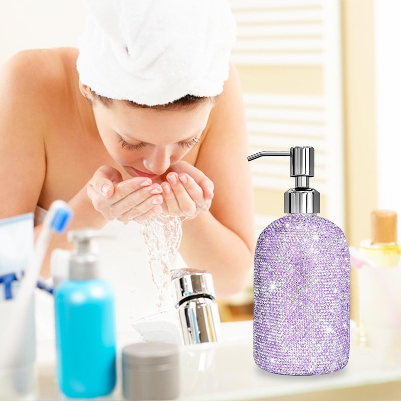 SlowVibes 18Oz Bling Purple Glass Soap Dispenser With Rust Proof