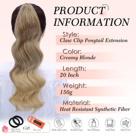 HSLHDI Claw Clip Ponytail Extension,20 Inch Ombre Blonde Curly Wavy Ponytail Claw Clip in Hair Extension for Women Fluffy Natural Looking Synthetic Hairpiece for Daily Use(20 Inch,Ombre Blonde)