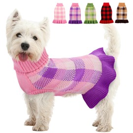 Dog Sweater Dress Plaid Knitwear for Small Medium Dogs Warm Puppy Pet Turtleneck Stretch Pullover Cute Fall Winter Vest Clothes with Leash Hole for Christmas (Purple, M)