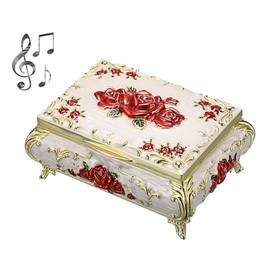 ELLDOO Caja de música vintage, caja de joyería musical de metal beige, caja de recuerdo, pequeña caja de almacenamiento de baratijas de joyería, regal
