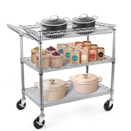 WDT 990Lbs Capacity Heavy Duty Rolling Utility Cart, NSF Rolling Carts with Wheels,Commercial Grade Metal Cart with Handle Bar & Shelf Liner,Trolley Serving Cart for Kitchen,Restaurant,Silver