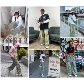 Bakyarder Men's Vintage Washed Cargo Jeans, High Waist, Baggy Wide Leg, Unisex Streetwear with Multiple Pockets Blue XX-Large