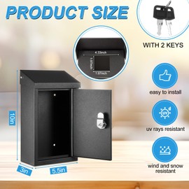 Yaocom Metal Locking Mailbox Wall Mount Key Drop Mailbox for Outside Suggestion Box Money Box Donation Box for Cash Hanging Secure Postbox with 2 Keys Office Garden(Balck,10 x 5.5 x 3)