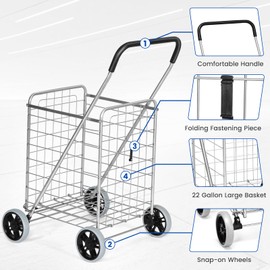 IRONMAX Grocery Shopping Cart, Foldable Heavy Duty Utility Cart w/Large Wheels for Easy Installation and Removal, Lightweight Trolley Cart for Grocery Laundry Luggage (Sliver)