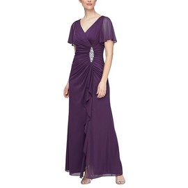 Alex Evenings Petite Women's Long Surplice Neckline Mother of The Bride Dress with Flutter Sleeves and Hip Embellishment, Summer Plum Mesh